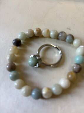 Beaded Amazonite Stretch Bracelet with Matching Ring - Mint Green Mix